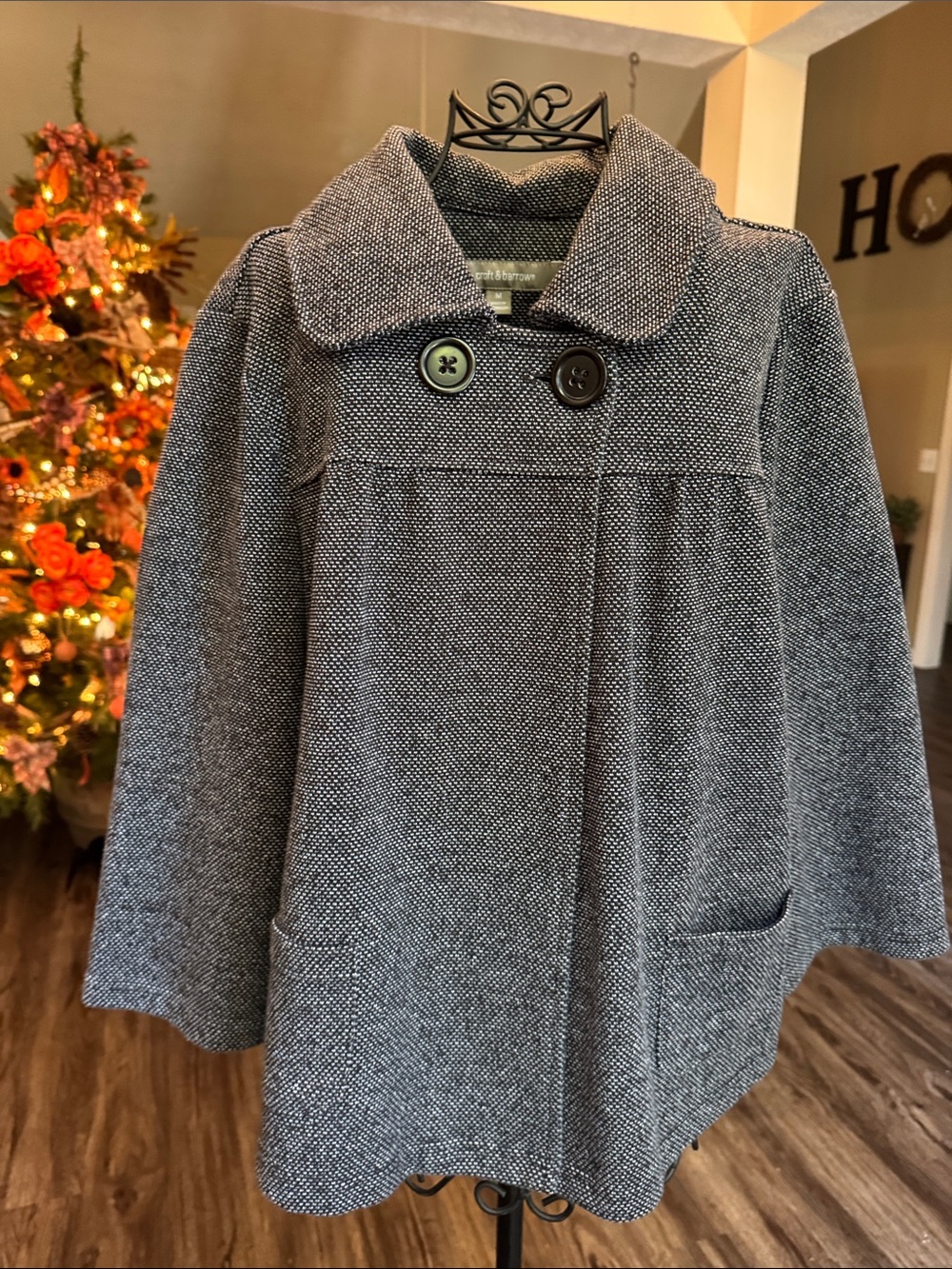 LOFT Black Tweed Peacoat with Contrast Buttons- 3/4 Sleeve